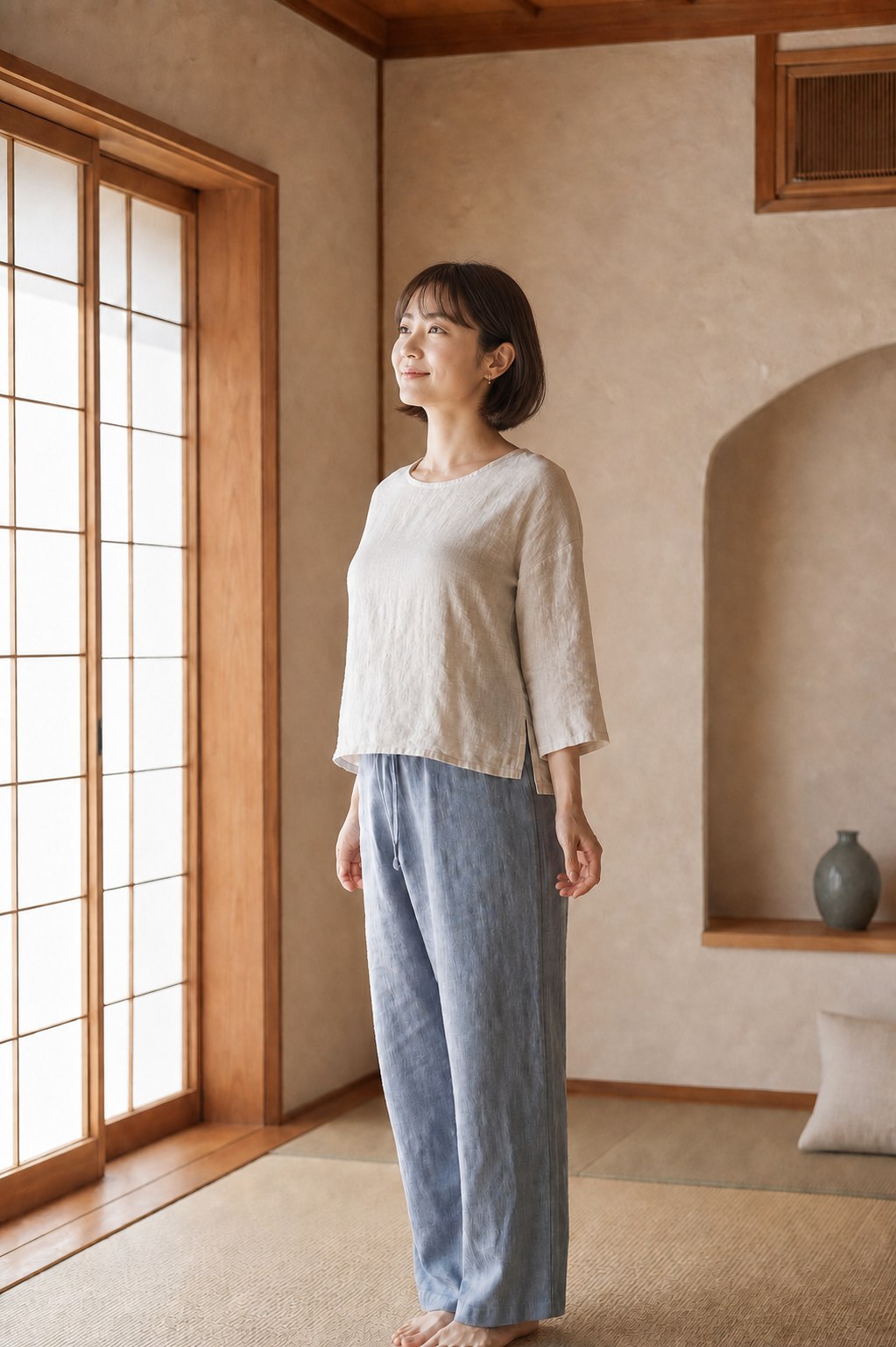 和の個室でケア後の軽やかさを感じる産前産後のママ